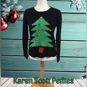 CHRISTMAS Tree Karen Scott Black Cardigan Sweater w/Rhinestone Decorations, PMed